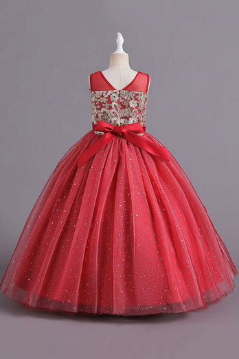 Rot A-Linie Perlen Mädchen Kleid mit Schleife