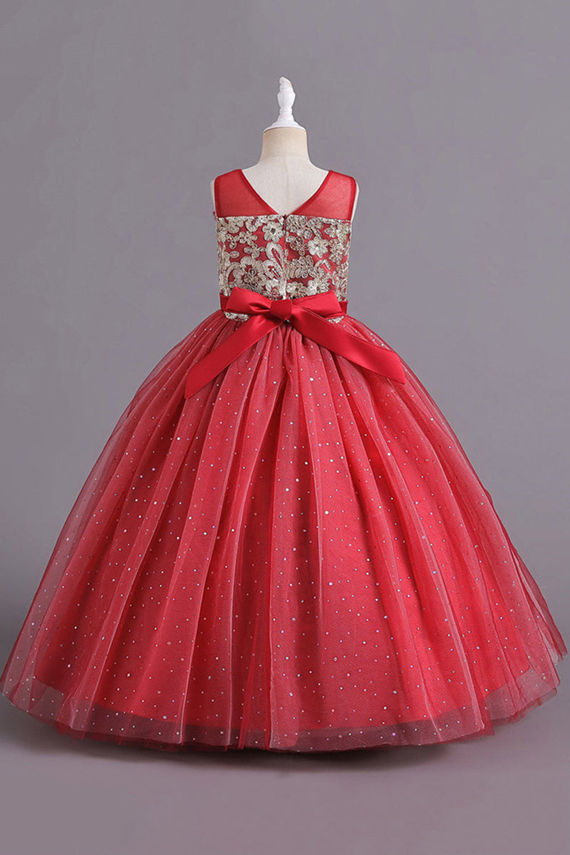 Laden Sie das Bild in den Galerie-Viewer, Rot A-Linie Perlen Mädchen Kleid mit Schleife
