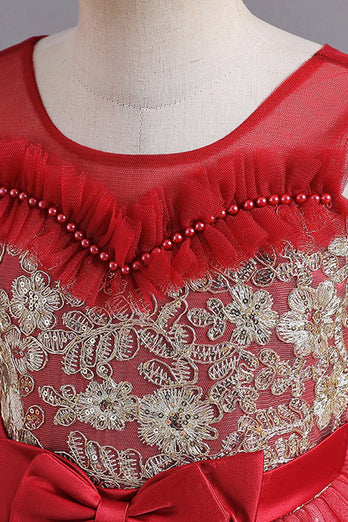 Rot A-Linie Perlen Mädchen Kleid mit Schleife