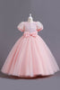Laden Sie das Bild in den Galerie-Viewer, Pailletten Rosa A-Linie Kurzarm Mädchen Kleid mit Schleife