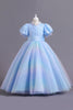 Laden Sie das Bild in den Galerie-Viewer, Puffärmel Blau Pailletten Tüll Mädchen Kleid