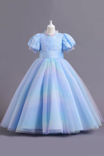Puffärmel Blau Pailletten Tüll Mädchen Kleid