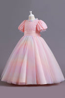 Laden Sie das Bild in den Galerie-Viewer, Puffärmel Blau Pailletten Tüll Mädchen Kleid