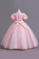 Laden Sie das Bild in den Galerie-Viewer, Puffärmel Blau Pailletten Tüll Mädchen Kleid