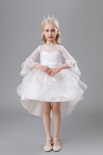 A-Linie weißes einfarbiges kleines Mädchenkleid mit Schleifen