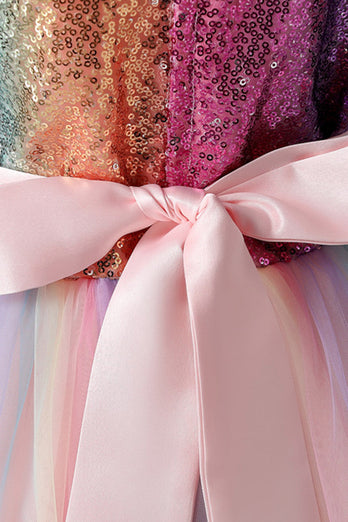A-Linie Glitzernde rosa Pailletten Kinder Mädchen Kleid mit Schleifen