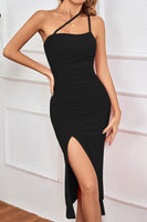 Laden Sie das Bild in den Galerie-Viewer, Schwarz Eine Schulter Sheath Abschlusskleid mit geteilter Vorderseite
