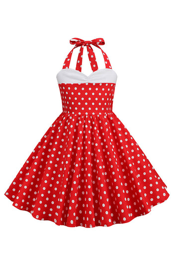 Rotes Neckholder Polka Dots 50er Jahre Mädchen Kleid