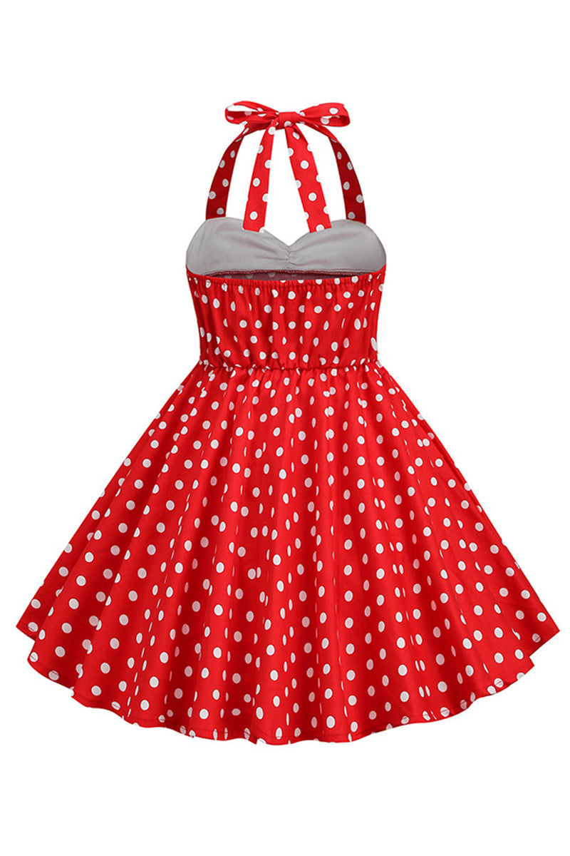 Laden Sie das Bild in den Galerie-Viewer, Rotes Neckholder Polka Dots 50er Jahre Mädchen Kleid