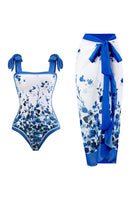 Laden Sie das Bild in den Galerie-Viewer, Vintage bedrucktes schwarzes einteiliges Bademoden-Set mit Strandrock