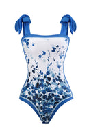 Laden Sie das Bild in den Galerie-Viewer, Vintage bedrucktes schwarzes einteiliges Bademoden-Set mit Strandrock