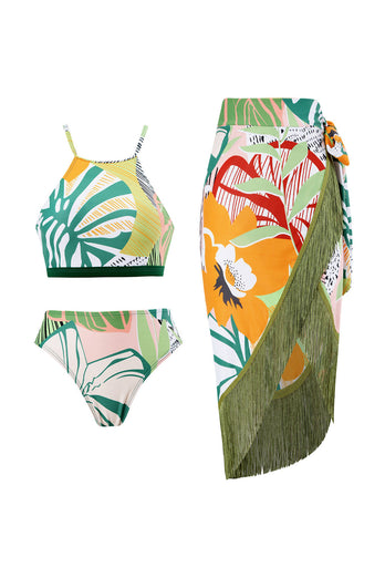 Zweiteiliges grün bedrucktes Bikini Set mit Strandrock