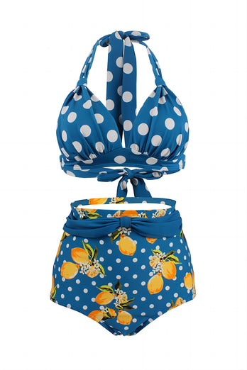 Blaue zweiteilige Hohe Taille Polka Dots Bademode