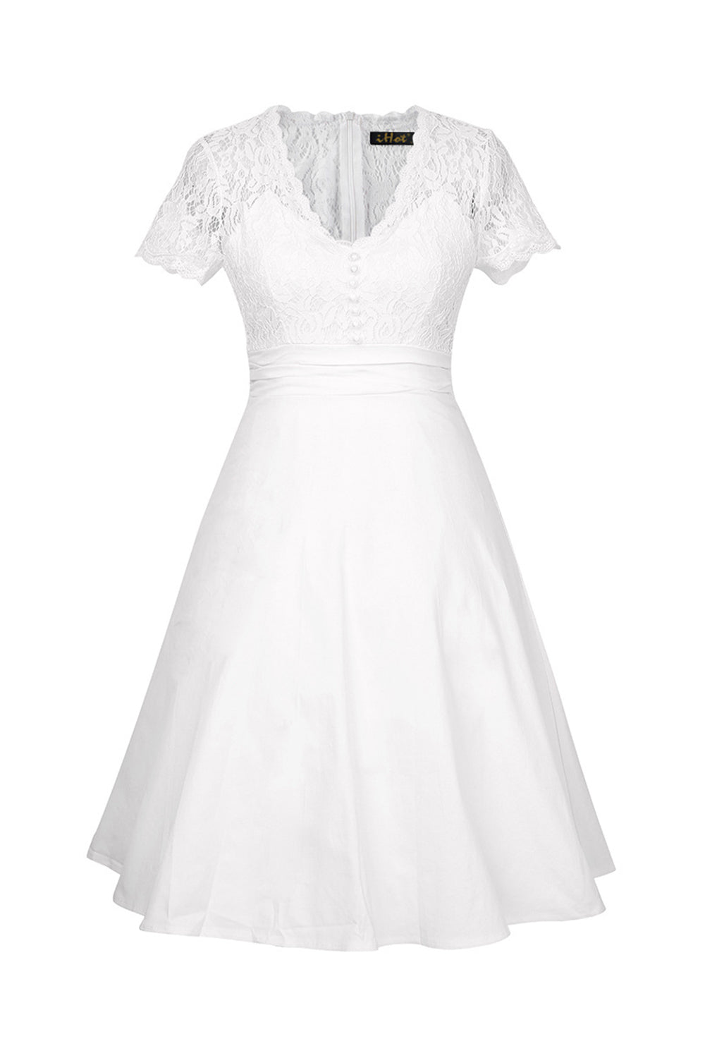 Weißes Kleid mit V-Ausschnitt und Spitze aus den 1950er Jahren