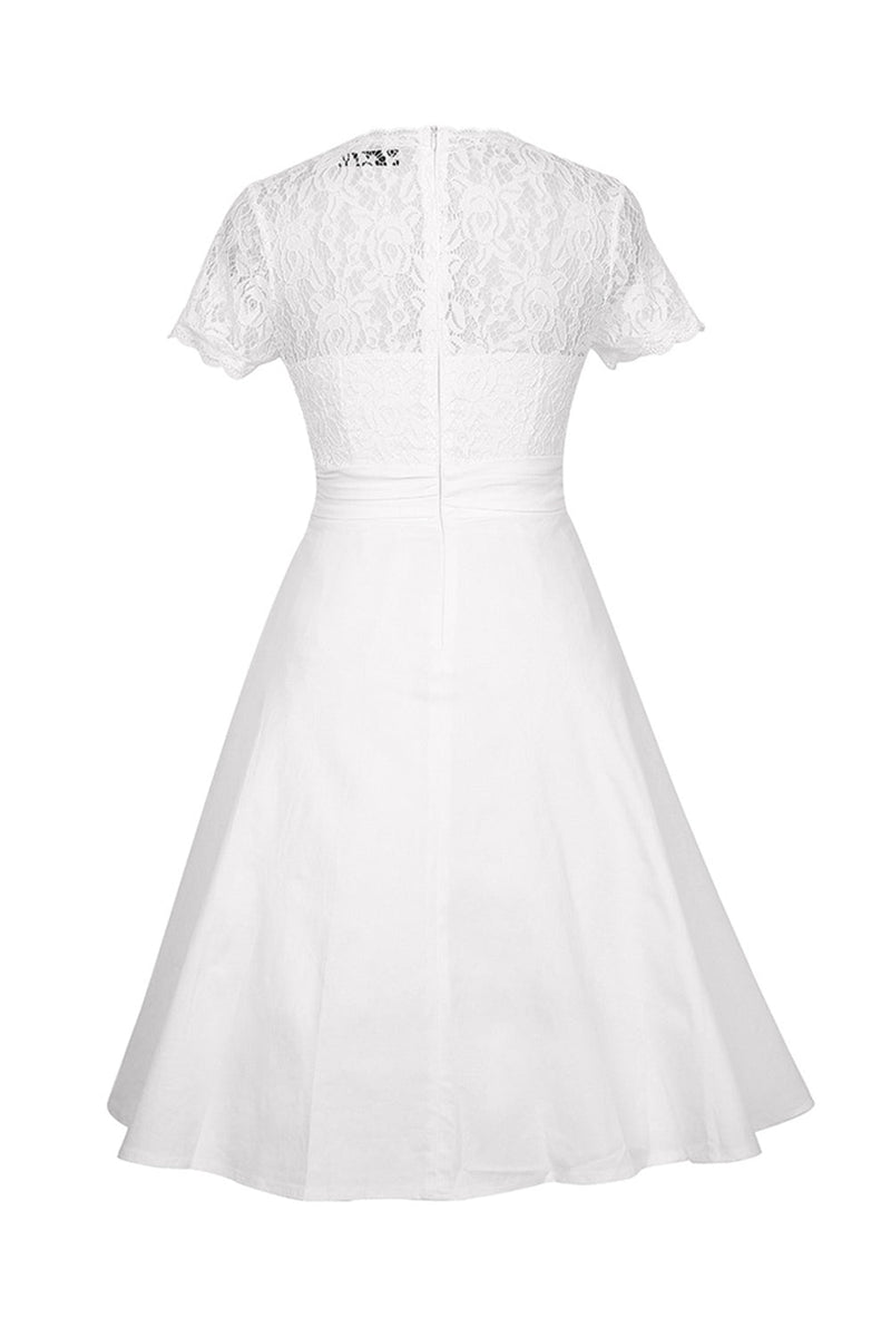 Laden Sie das Bild in den Galerie-Viewer, Weißes Kleid mit V-Ausschnitt und Spitze aus den 1950er Jahren