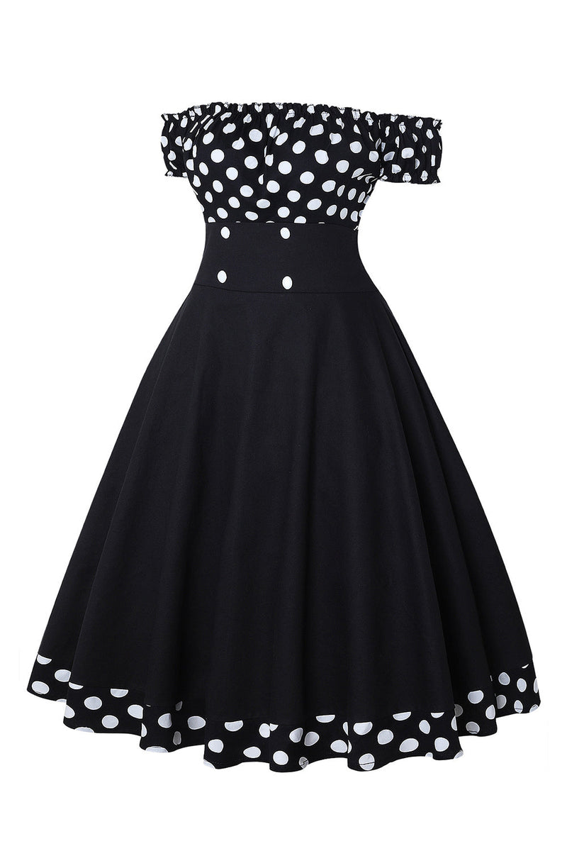 Laden Sie das Bild in den Galerie-Viewer, Schulterfreies Polka Dots Kleid aus den 1950er Jahren
