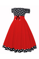Laden Sie das Bild in den Galerie-Viewer, Schulterfreies Polka Dots Kleid aus den 1950er Jahren