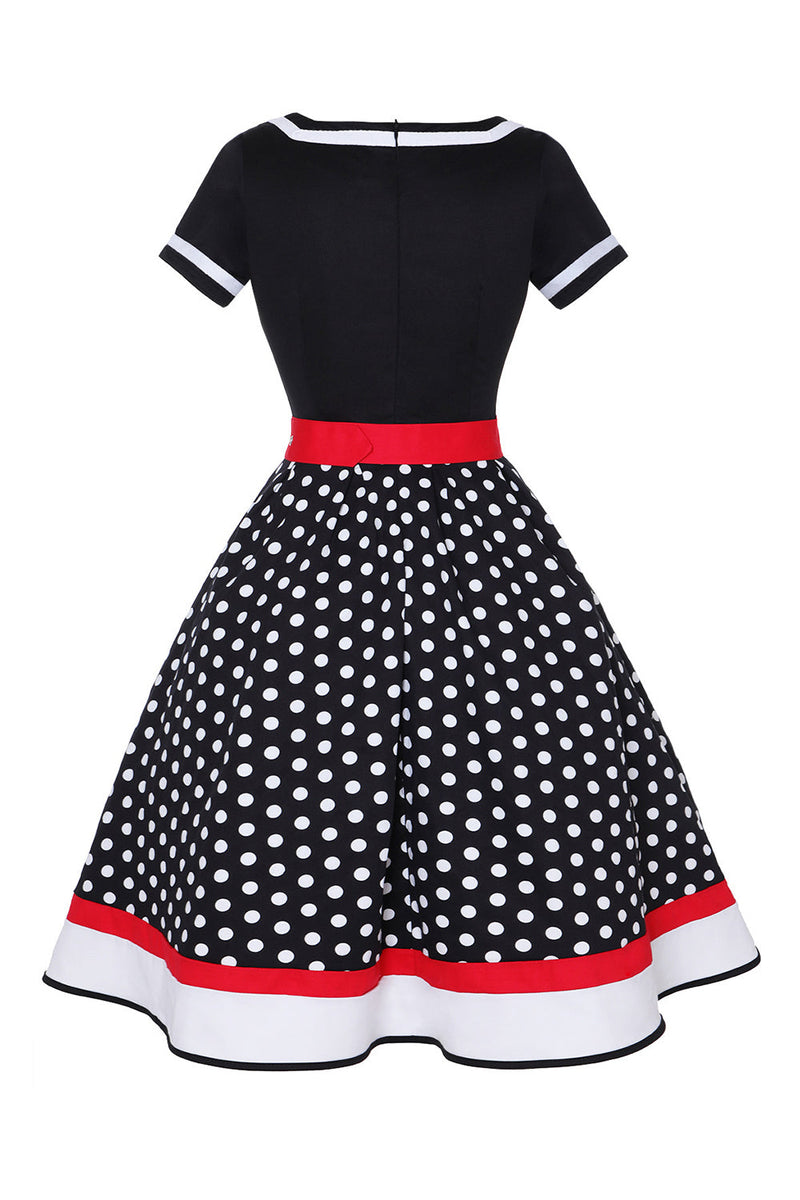 Laden Sie das Bild in den Galerie-Viewer, Schwarzes Polka Dots Rockabilly Kleid mit V-Ausschnitt aus den 1950er Jahren