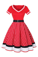 Laden Sie das Bild in den Galerie-Viewer, Schwarzes Polka Dots Rockabilly Kleid mit V-Ausschnitt aus den 1950er Jahren