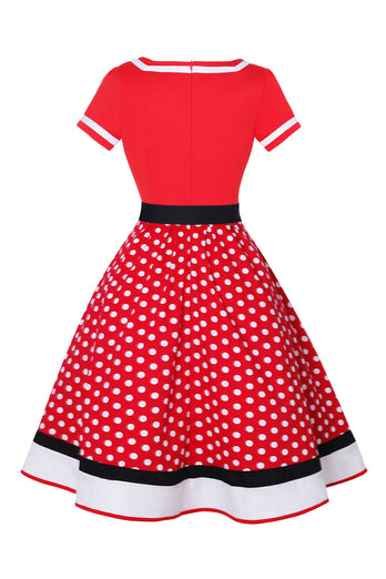 Schwarzes Polka Dots Rockabilly Kleid mit V-Ausschnitt aus den 1950er Jahren