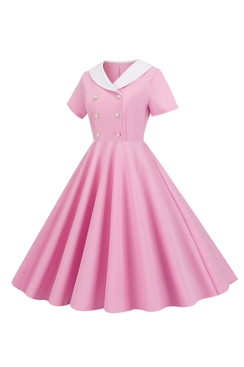 Laden Sie das Bild in den Galerie-Viewer, Rosa Peter Pan Kragen Swing 1950er Jahre Kleid mit kurzen Ärmeln