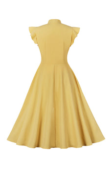 Gelbes Einfarbig 1950er Jahre Rockabilly Kleid mit Schleife