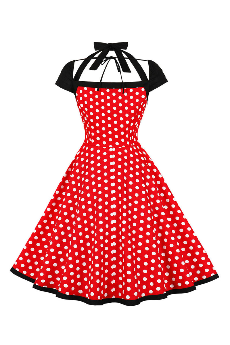 Laden Sie das Bild in den Galerie-Viewer, Rote Polka Dots Neckholder Swing 1950er Jahre Rockabilly Kleid