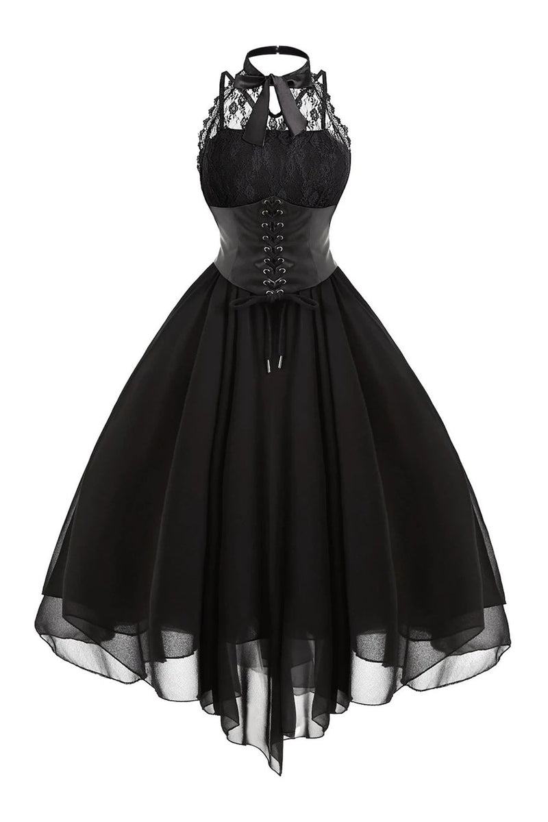 Laden Sie das Bild in den Galerie-Viewer, Schwarzes Chiffon Vintage Halloween Kleid