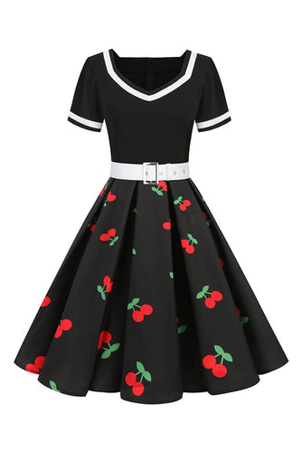 Rockabilly Kleid mit schwarzem V-Ausschnitt und kurzen Ärmeln