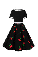 Laden Sie das Bild in den Galerie-Viewer, Rockabilly Kleid mit schwarzem V-Ausschnitt und kurzen Ärmeln