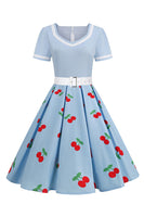 Laden Sie das Bild in den Galerie-Viewer, Rockabilly Kleid mit schwarzem V-Ausschnitt und kurzen Ärmeln