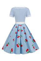 Laden Sie das Bild in den Galerie-Viewer, Rockabilly Kleid mit schwarzem V-Ausschnitt und kurzen Ärmeln