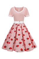 Laden Sie das Bild in den Galerie-Viewer, Rockabilly Kleid mit schwarzem V-Ausschnitt und kurzen Ärmeln