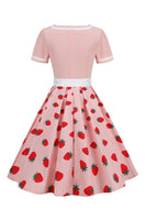 Laden Sie das Bild in den Galerie-Viewer, Rockabilly Kleid mit schwarzem V-Ausschnitt und kurzen Ärmeln