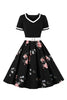 Laden Sie das Bild in den Galerie-Viewer, V-Ausschnitt kurze Ärmel schwarz 1950er Jahre Rockabilly Kleid mit Gürtel