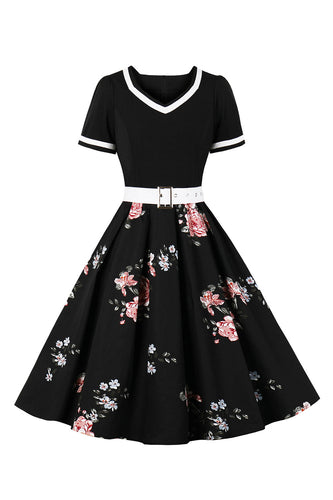 V-Ausschnitt kurze Ärmel schwarz 1950er Jahre Rockabilly Kleid mit Gürtel