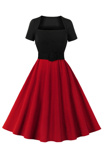 Burgundy Rockabilly Kleid mit quadratischem Ausschnitt