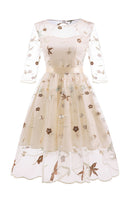 Laden Sie das Bild in den Galerie-Viewer, A-linie Rosa Rockabilly Kleid mit quadratischem Ausschnitt und halben Ärmeln