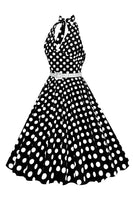 Laden Sie das Bild in den Galerie-Viewer, Hepburn Stil Neckholder-Ausschnitt Polka Dots Rotes Rockabilly Kleid