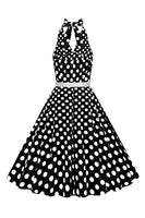 Laden Sie das Bild in den Galerie-Viewer, Hepburn Stil Neckholder-Ausschnitt Polka Dots Rotes Rockabilly Kleid