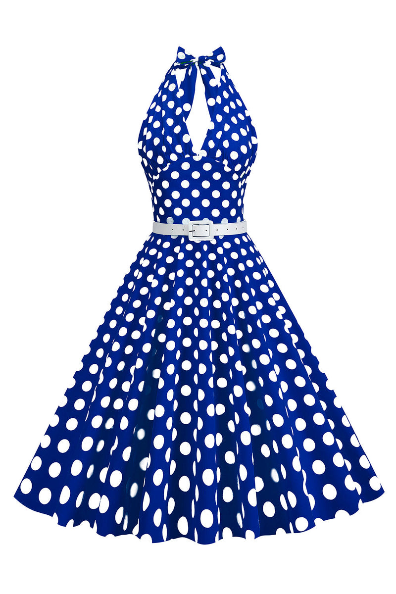 Laden Sie das Bild in den Galerie-Viewer, Hepburn Stil Neckholder-Ausschnitt Polka Dots Rotes Rockabilly Kleid