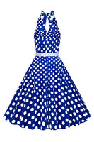 Laden Sie das Bild in den Galerie-Viewer, Hepburn Stil Neckholder-Ausschnitt Polka Dots Rotes Rockabilly Kleid