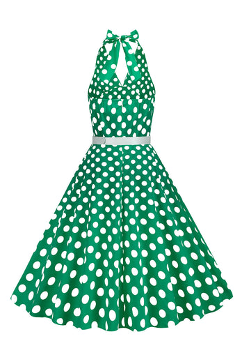 Hepburn Stil Neckholder-Ausschnitt Polka Dots Rotes Rockabilly Kleid
