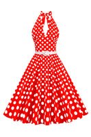 Laden Sie das Bild in den Galerie-Viewer, Hepburn Stil Neckholder-Ausschnitt Polka Dots Rotes Rockabilly Kleid
