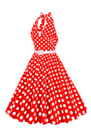 Laden Sie das Bild in den Galerie-Viewer, Hepburn Stil Neckholder-Ausschnitt Polka Dots Rotes Rockabilly Kleid