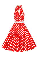 Laden Sie das Bild in den Galerie-Viewer, Hepburn Stil Neckholder-Ausschnitt Polka Dots Rotes Rockabilly Kleid