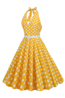 Laden Sie das Bild in den Galerie-Viewer, Hepburn Stil Neckholder-Ausschnitt Polka Dots Rotes Rockabilly Kleid