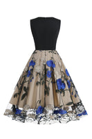 Laden Sie das Bild in den Galerie-Viewer, Blaues Rockabilly Kleid mit Stickerei