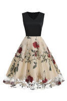 Laden Sie das Bild in den Galerie-Viewer, Blaues Rockabilly Kleid mit Stickerei