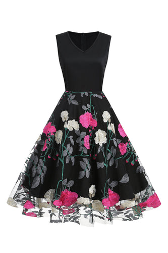 Fuchsia und schwarzes Vintage Rockabilly Kleid
